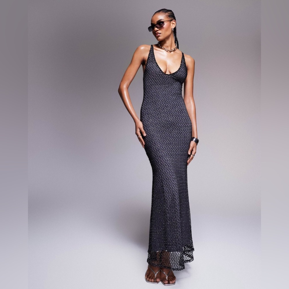 ASOS DESIGN scoop neck shimmer open knit mesh maxi dress